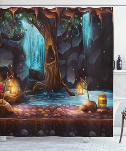 Enchanted Forest With Colorful Elf Image Shower Curtain, Brown Blue Cloth Fabric Bathroom Decors