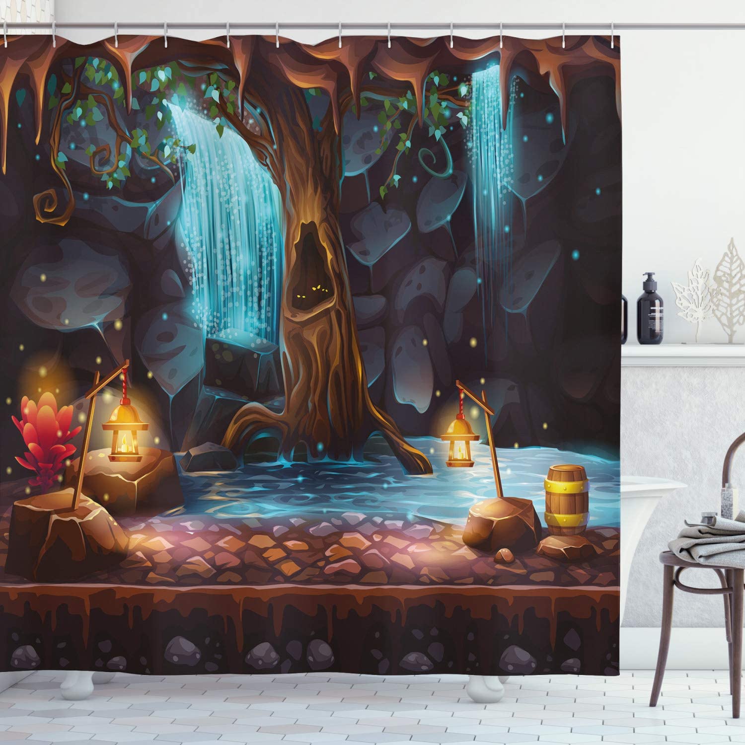 Enchanted Forest With Colorful Elf Image Shower Curtain, Brown Blue Cloth Fabric Bathroom Decors
