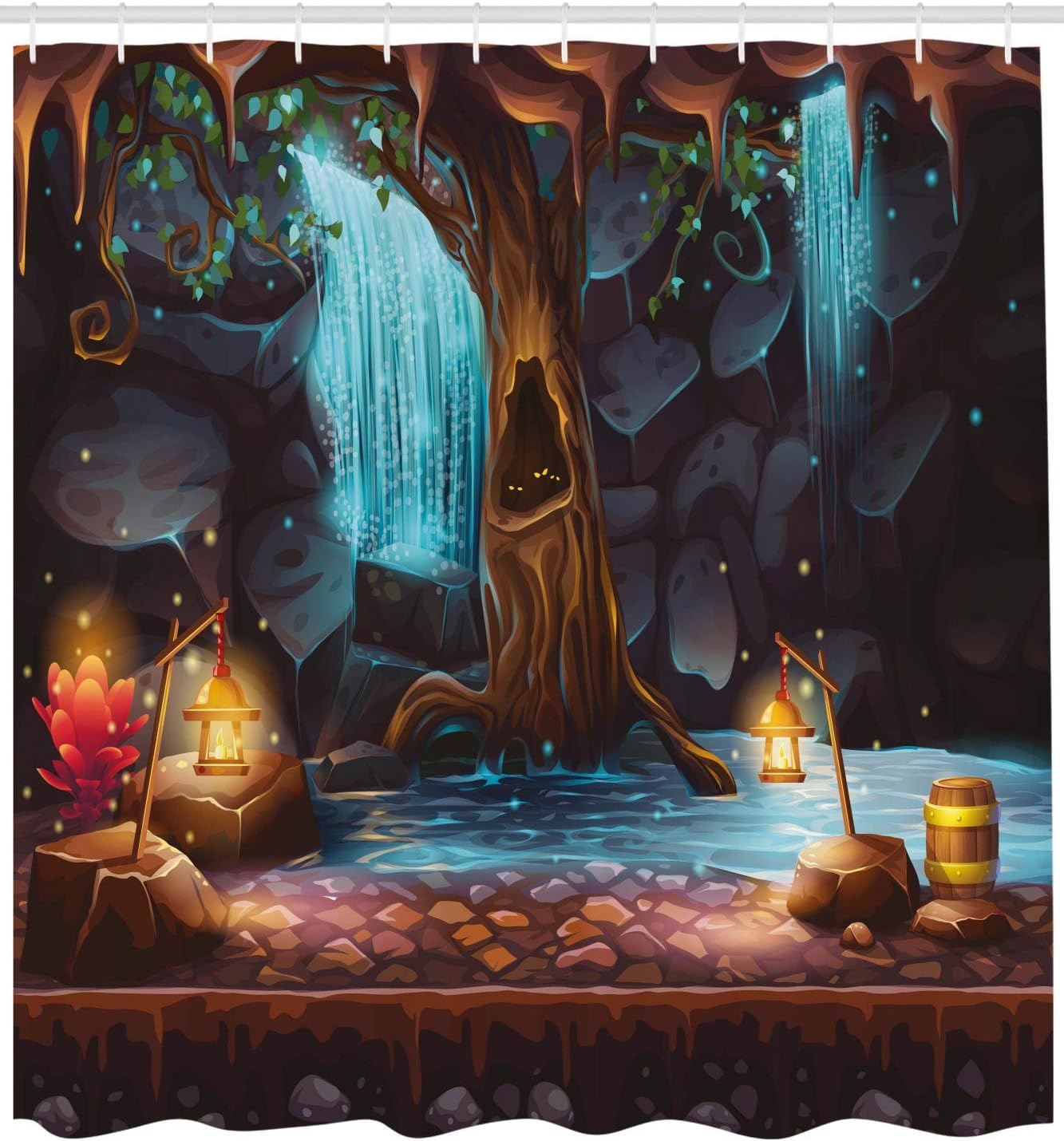 Enchanted Forest With Colorful Elf Image Shower Curtain, Brown Blue Cloth Fabric Bathroom Decors - Image 2