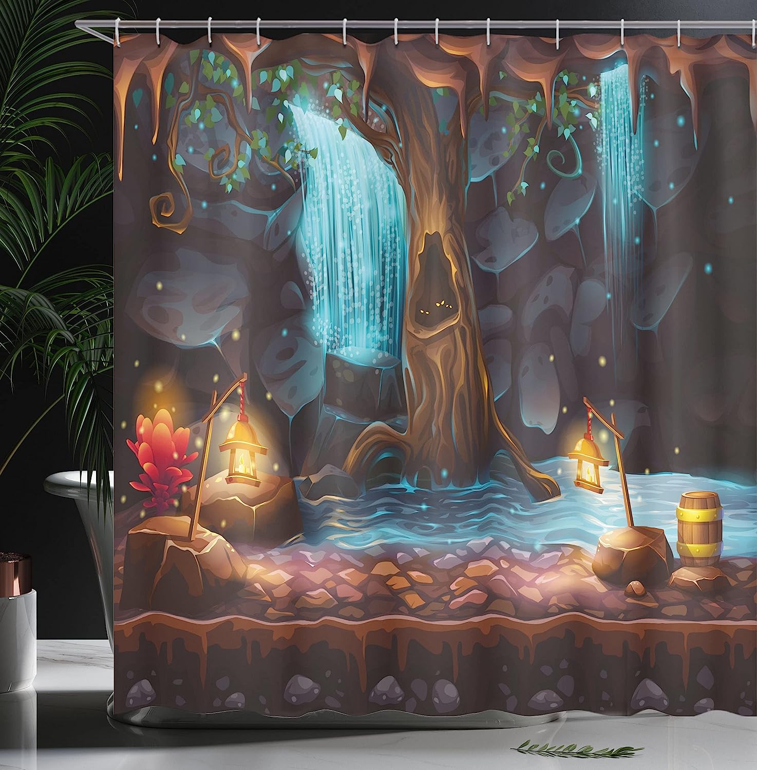 Enchanted Forest With Colorful Elf Image Shower Curtain, Brown Blue Cloth Fabric Bathroom Decors - Image 3