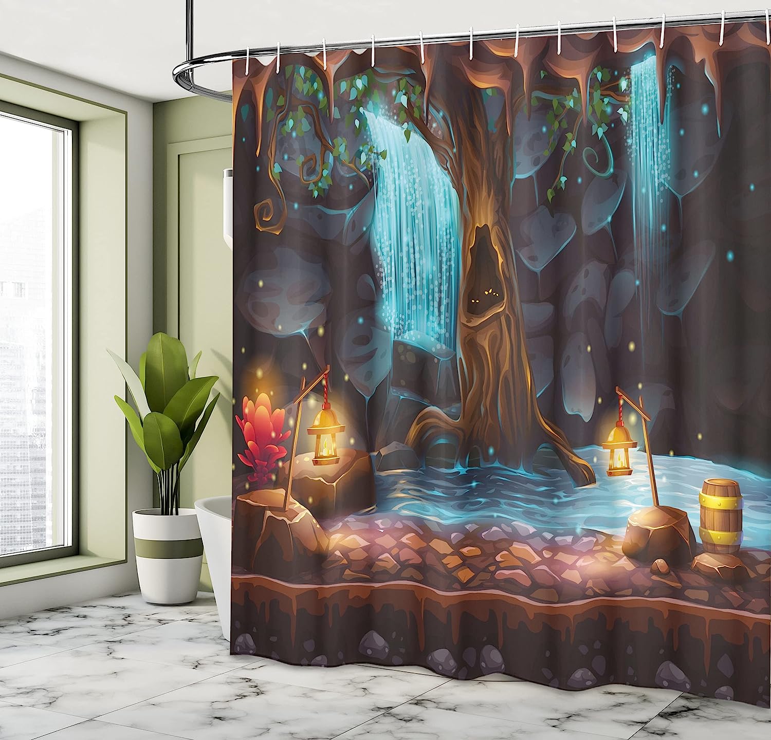 Enchanted Forest With Colorful Elf Image Shower Curtain, Brown Blue Cloth Fabric Bathroom Decors - Image 4