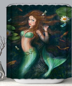 Enchanted Green Mermaid Fabric Shower Curtain, with Magical Print Design for Bathroom Decor