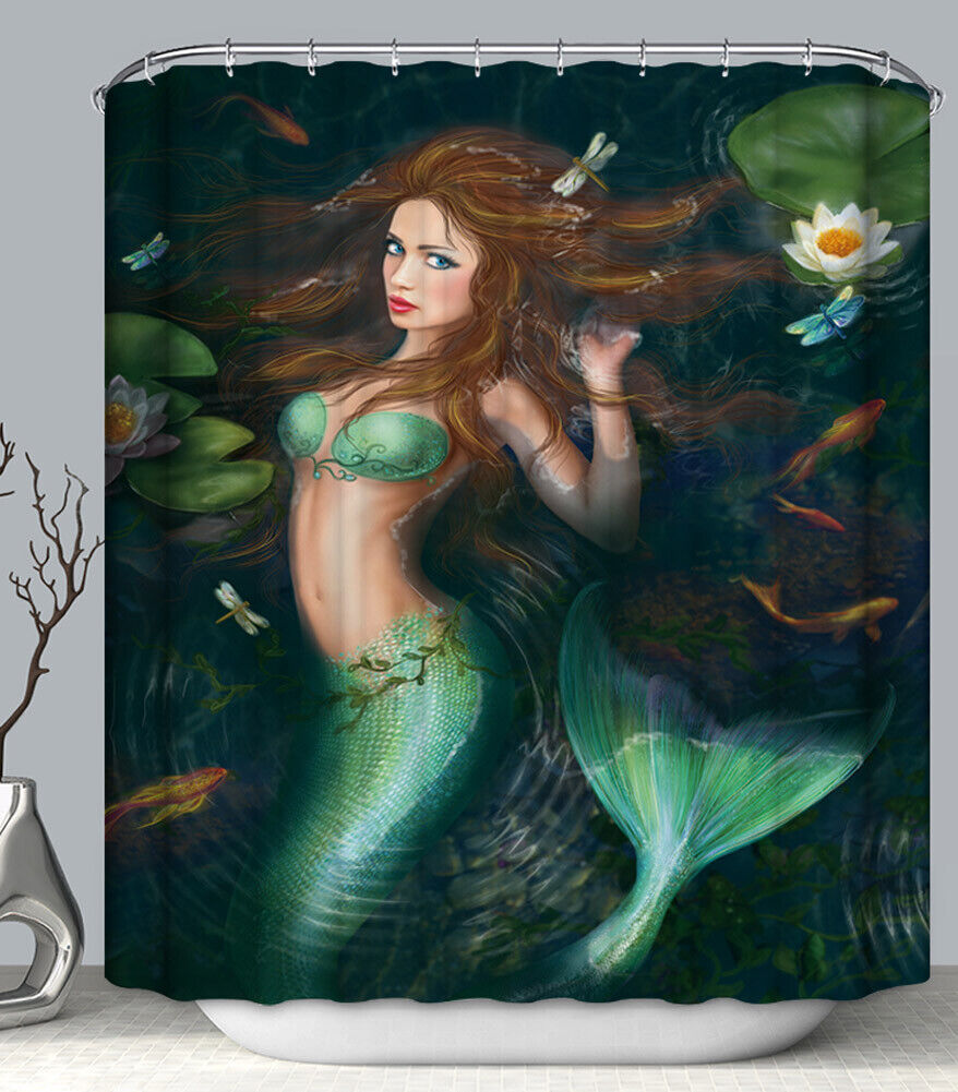 Enchanted Green Mermaid Fabric Shower Curtain, with Magical Print Design for Bathroom Decor