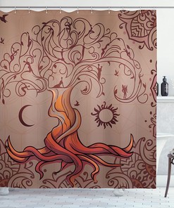 Enchanted Tree Of Life Shower Curtain - Cloth Fabric Bathroom Decor In Orange Mauve Taupe