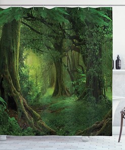 Enchanted Woodland Foliage In Deep Tropical Jungle Shower Curtain, Southeast Landscape Bathroom Decors