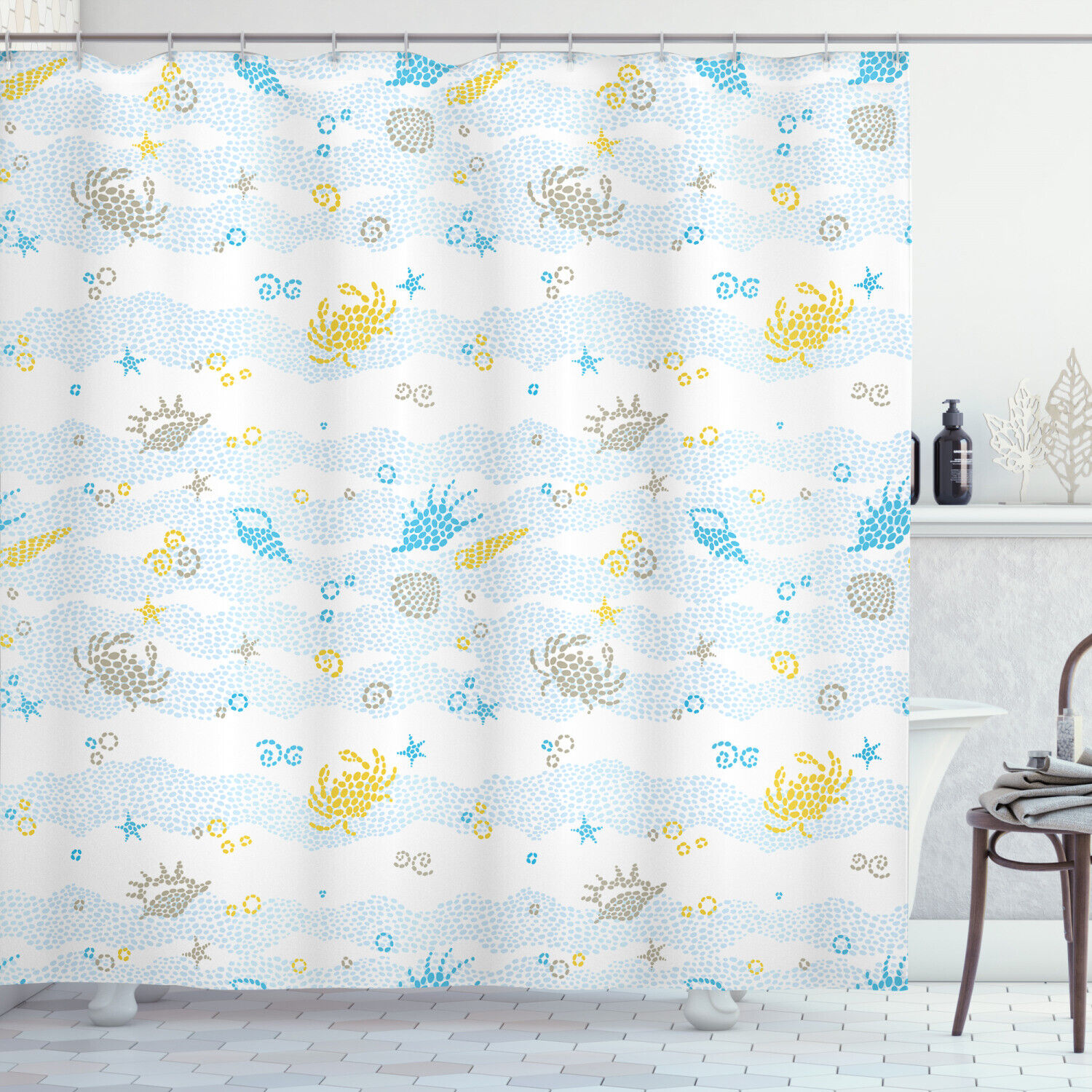 Enchanting Maritime Crabs and Seashells Print Shower Curtain for Bathroom