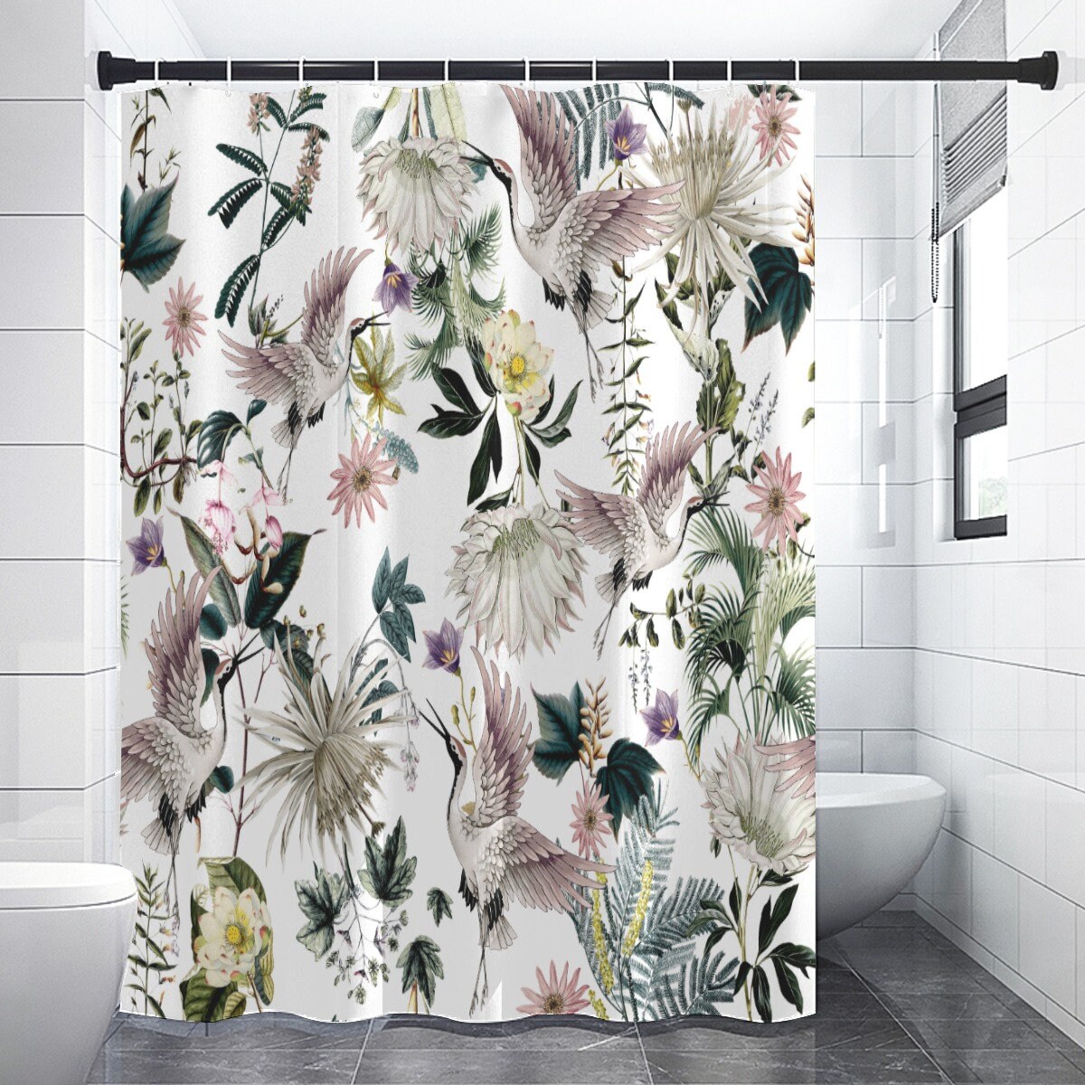 Enchanting Maximalist Botanical Bird Print Shower Curtain for a Boho Bathroom
