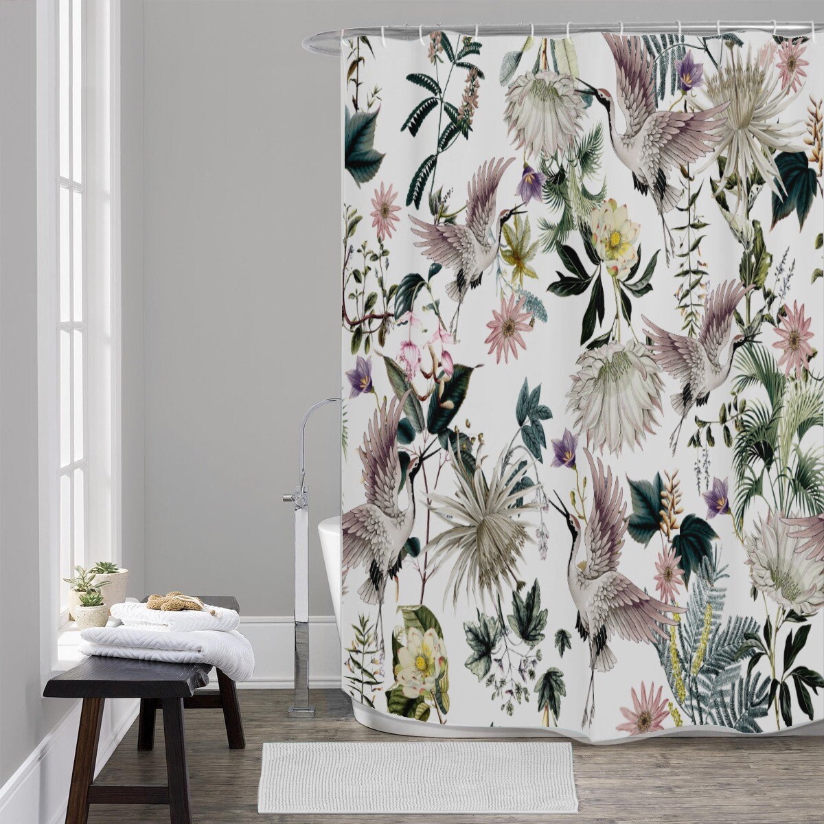 Enchanting Maximalist Botanical Bird Print Shower Curtain for a Boho Bathroom