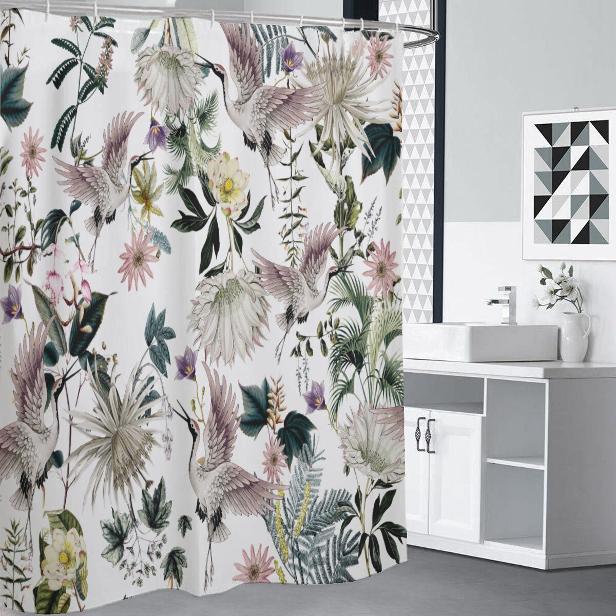 Enchanting Maximalist Botanical Bird Print Shower Curtain for a Boho Bathroom