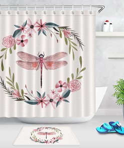 Enchanting Watercolor Flowers Wreath Dragonfly Shower Curtain Bath Waterproof Fabric for Your Bathroom