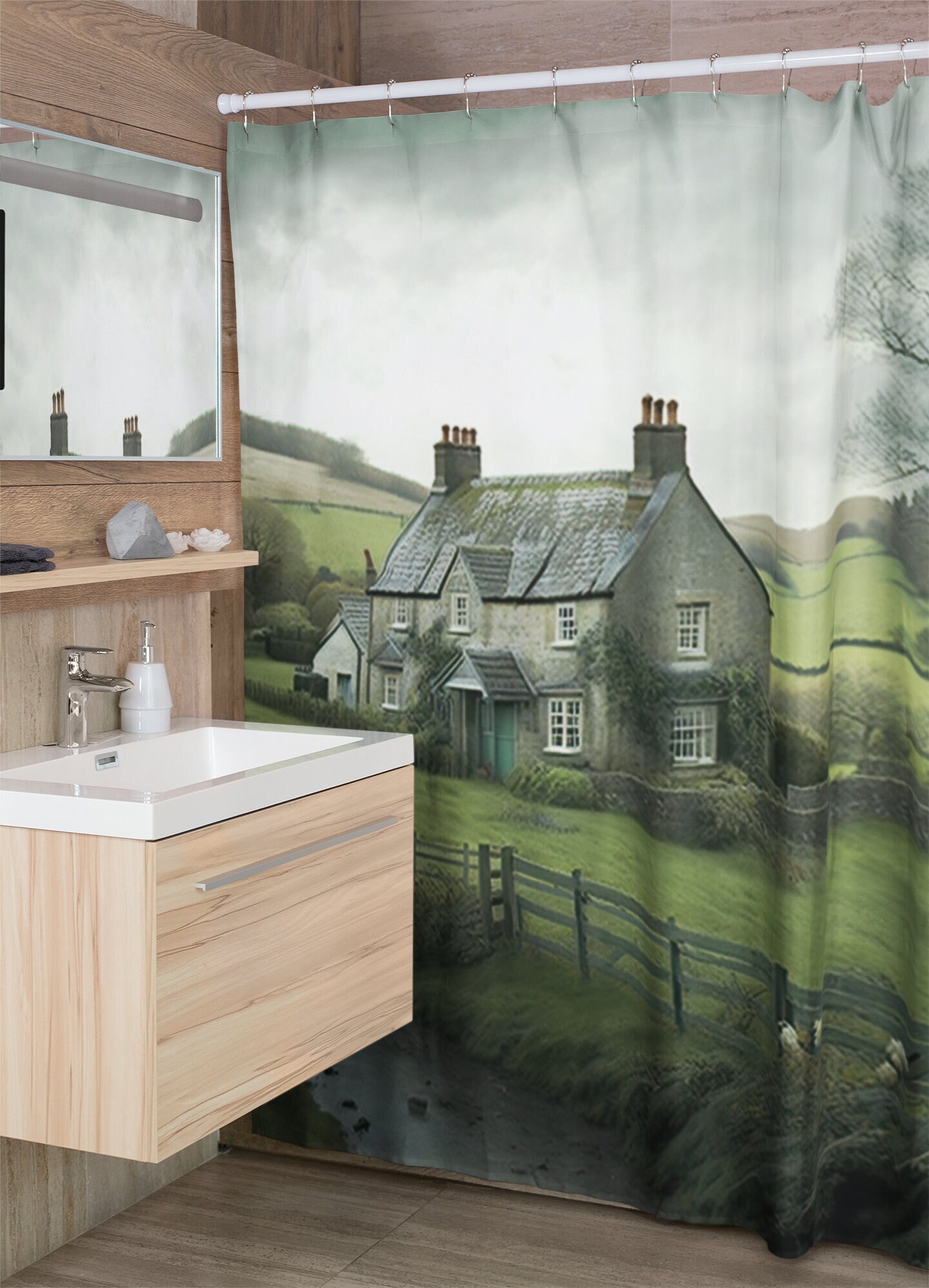 English Countryside Shower Curtain, Neutral Bathroom Decorr With Natural Scenery.