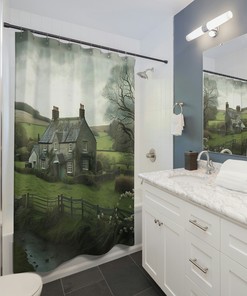 English Countryside Shower Curtain, Neutral Bathroom Decorr With Natural Scenery.
