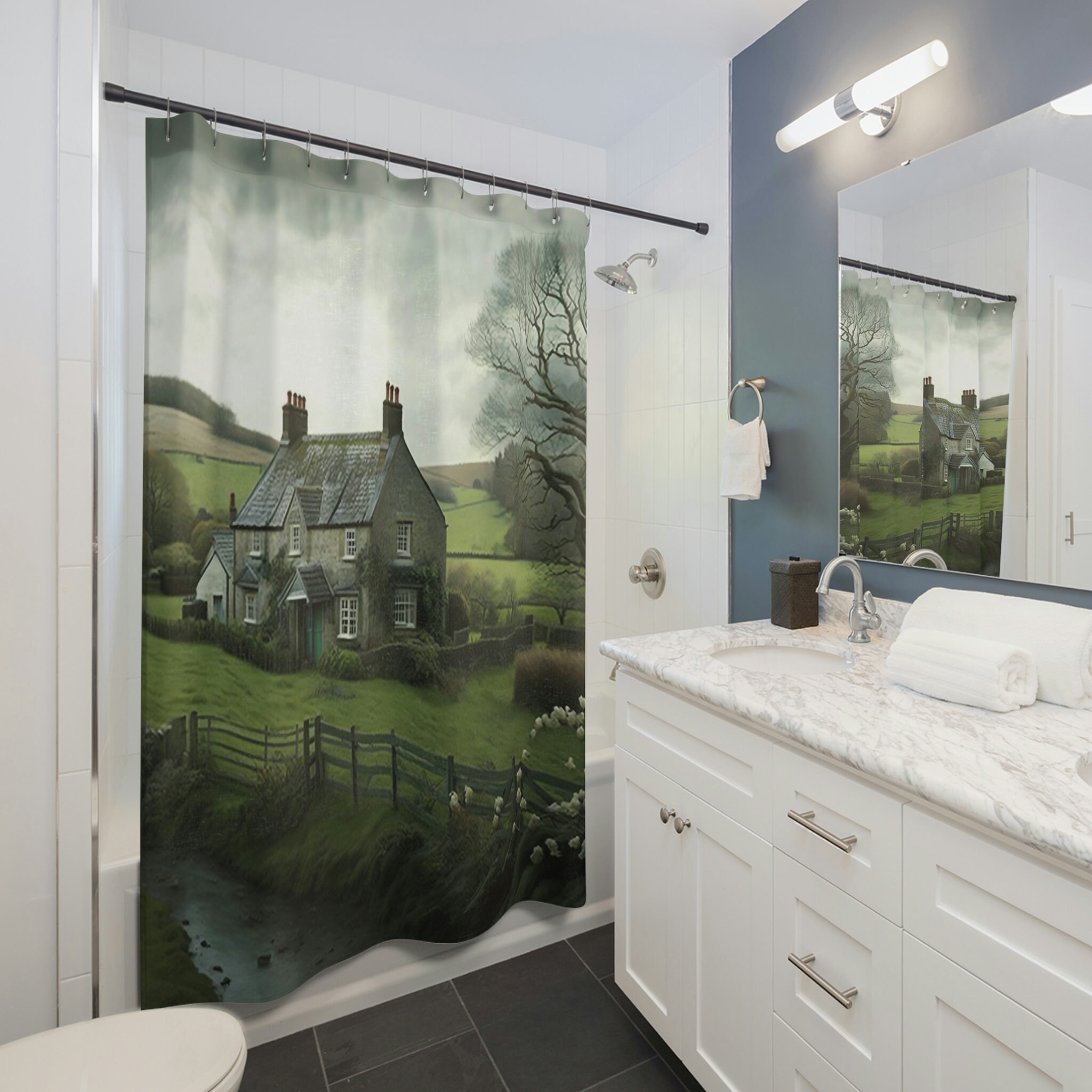 English Countryside Shower Curtain, Neutral Bathroom Decorr With Natural Scenery.