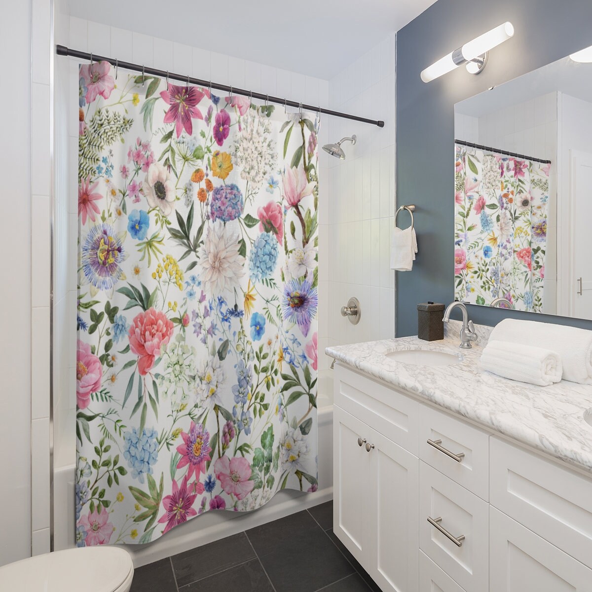 English Wildflower Garden Shower Curtain - Beautiful Boho Bathroom Decor with Floral Patterns