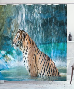Enhance Your Bathroom Decor with Feline Animal in Pond Tiger Shower Curtain