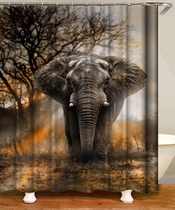 Enjoy Tropical African Large Wild Animal and Autumn Sunset Forest Trees Scenery with Grey Elephant Fabric Shower Curtain