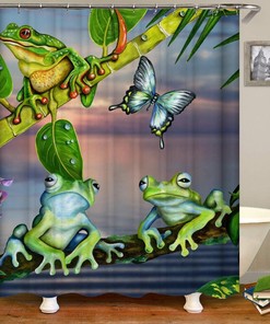 Enjoy Your Bath Time With This Funny Cartoon Animal Shower Curtain, Featuring A Tropical Forest Frog Butterfly Design