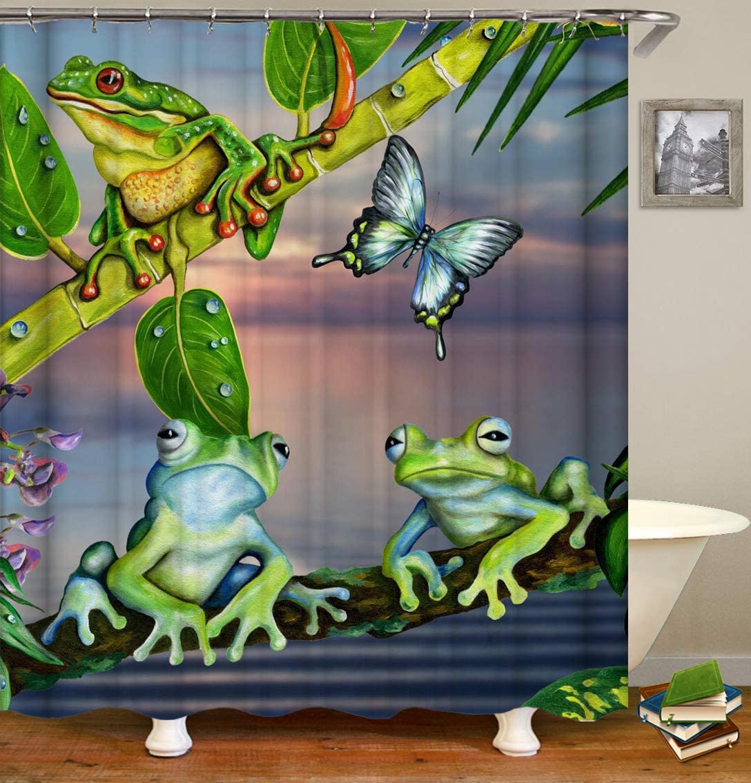 Enjoy Your Bath Time With This Funny Cartoon Animal Shower Curtain, Featuring A Tropical Forest Frog Butterfly Design