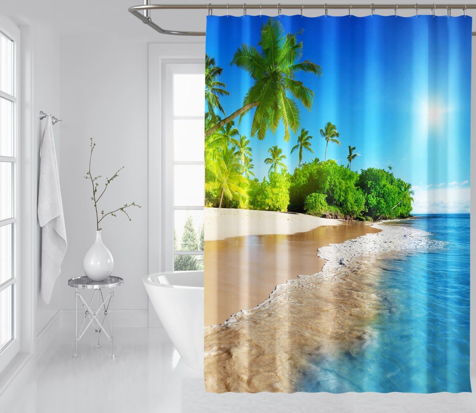 Enjoyable 3D Sun Beach View Shower Curtain For Your Bathroom