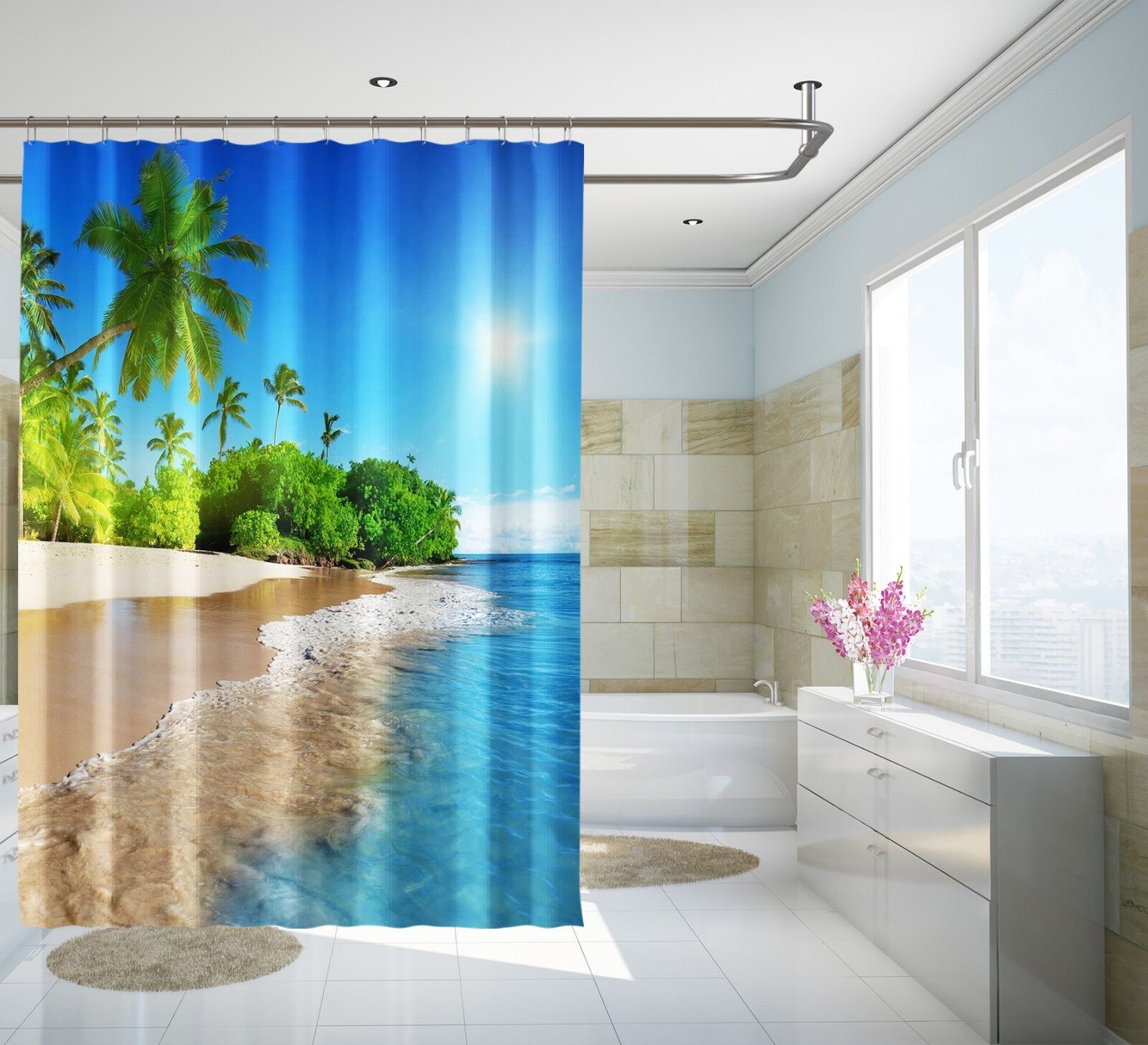 Enjoyable 3D Sun Beach View Shower Curtain For Your Bathroom - Image 2