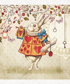 Enter The Magical World Of Alice Wonderland With Trumpet White Rabbit Key Swirls Fabric Craft Panels Shower Curtain.