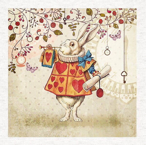Enter The Magical World Of Alice Wonderland With Trumpet White Rabbit Key Swirls Fabric Craft Panels Shower Curtain.