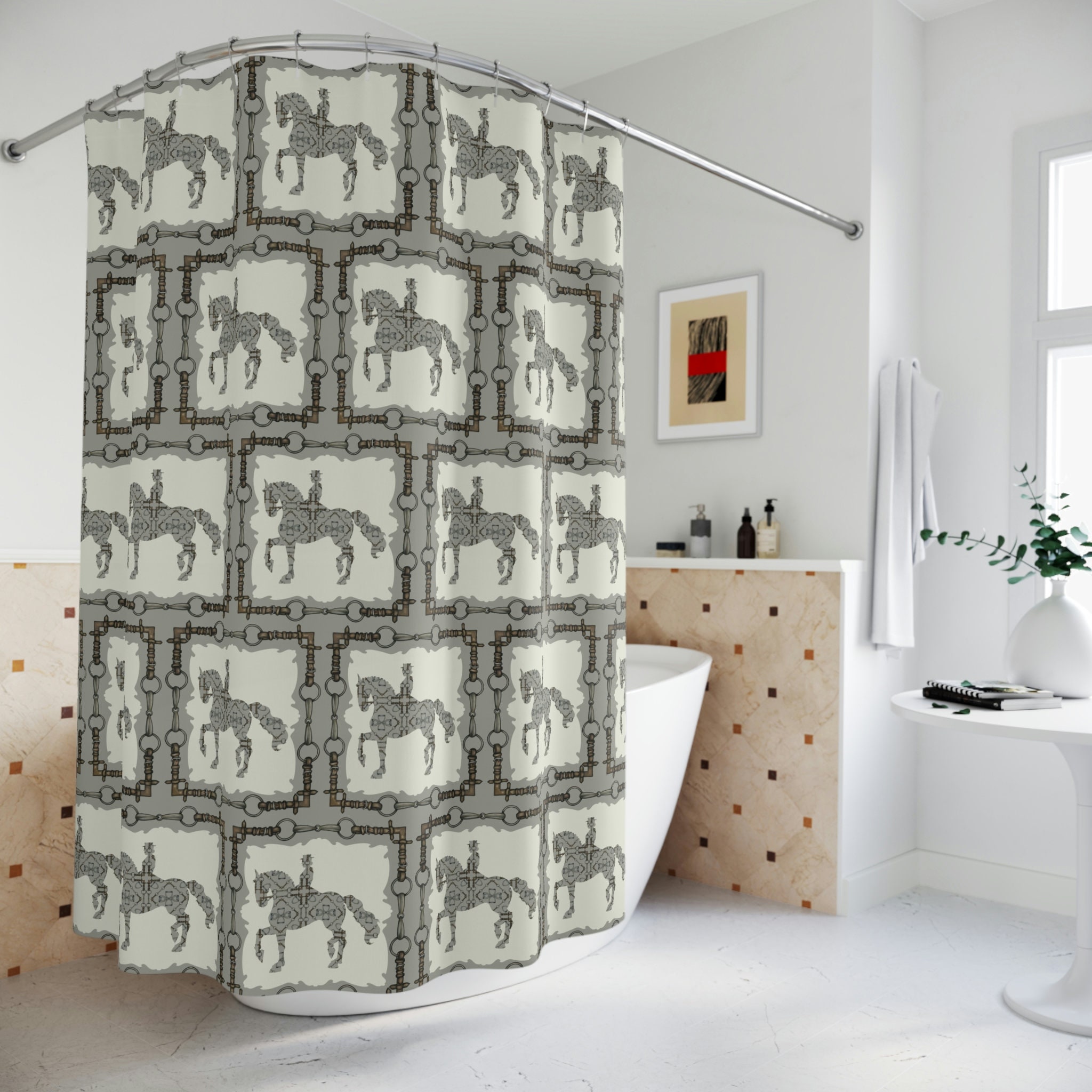 Equestrian Dressage Piaffe Cream And Gray Shower Curtain For Horse Lovers' Bathroom Decor