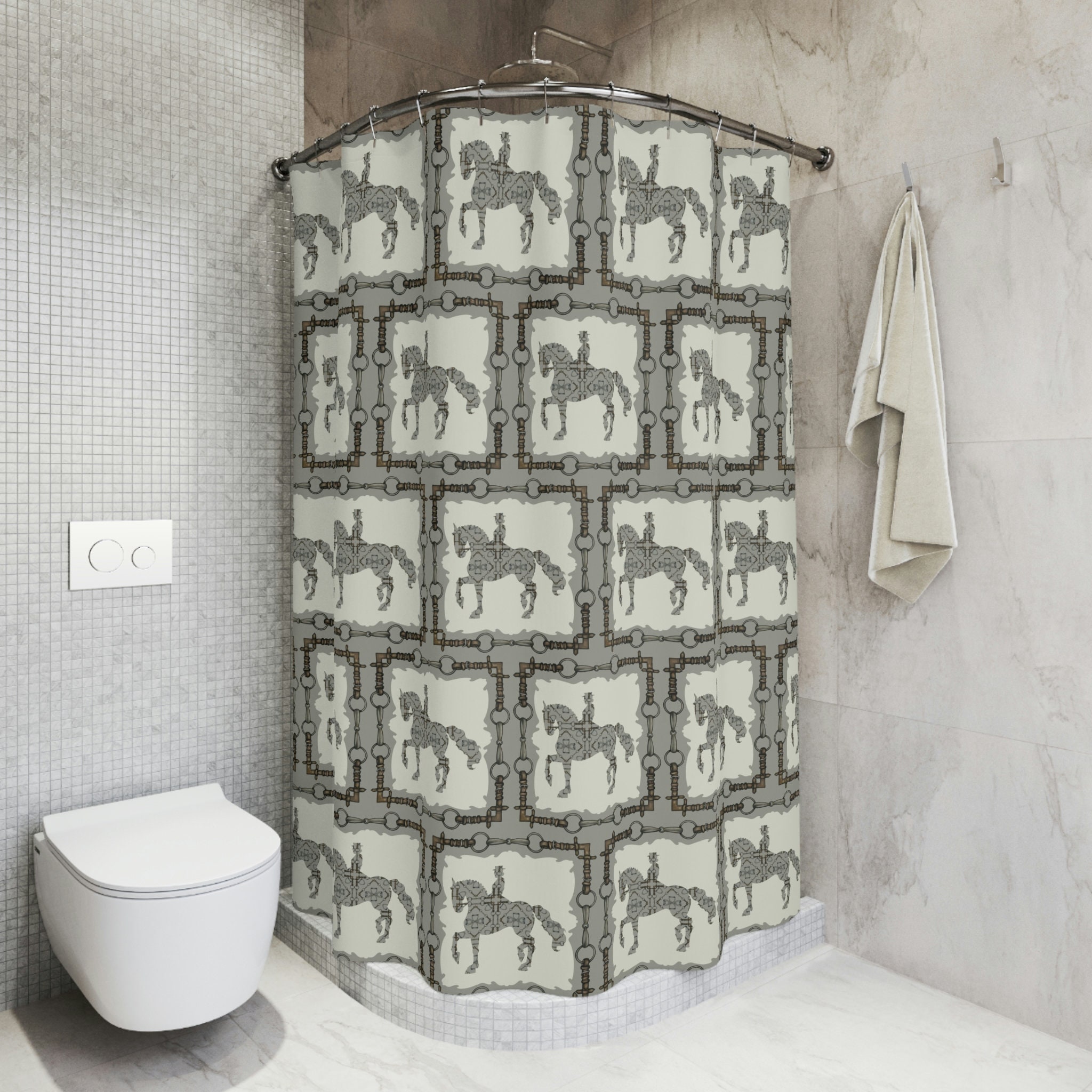 Equestrian Dressage Piaffe Cream And Gray Shower Curtain For Horse Lovers' Bathroom Decor