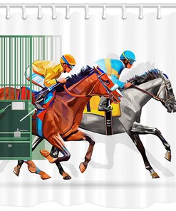 Equestrian Shower Curtain with Racing Horses and Iron Gate for a Classic and Elegant Bathroom