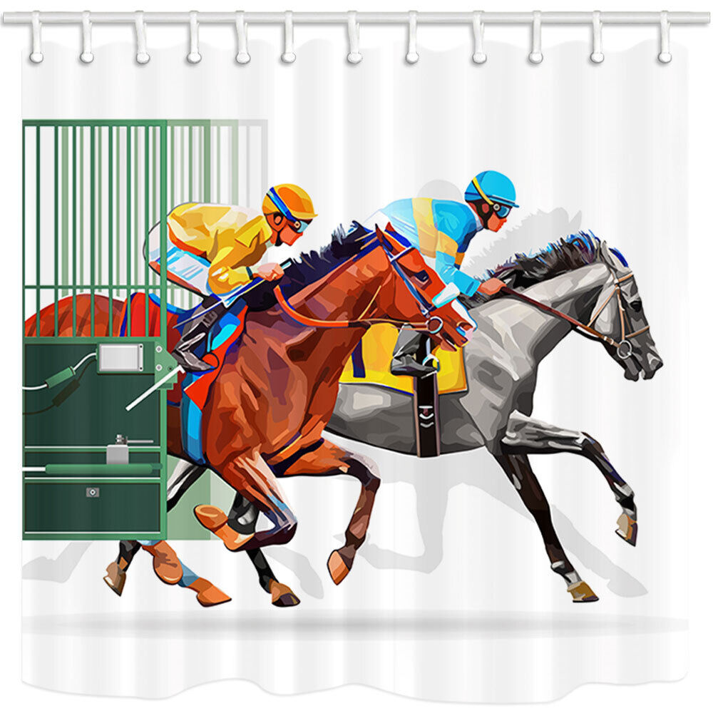 Equestrian Shower Curtain with Racing Horses and Iron Gate for a Classic and Elegant Bathroom