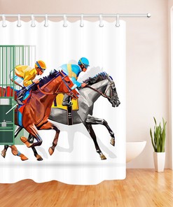 Equestrian Shower Curtain with Racing Horses and Iron Gate for a Classic and Elegant Bathroom