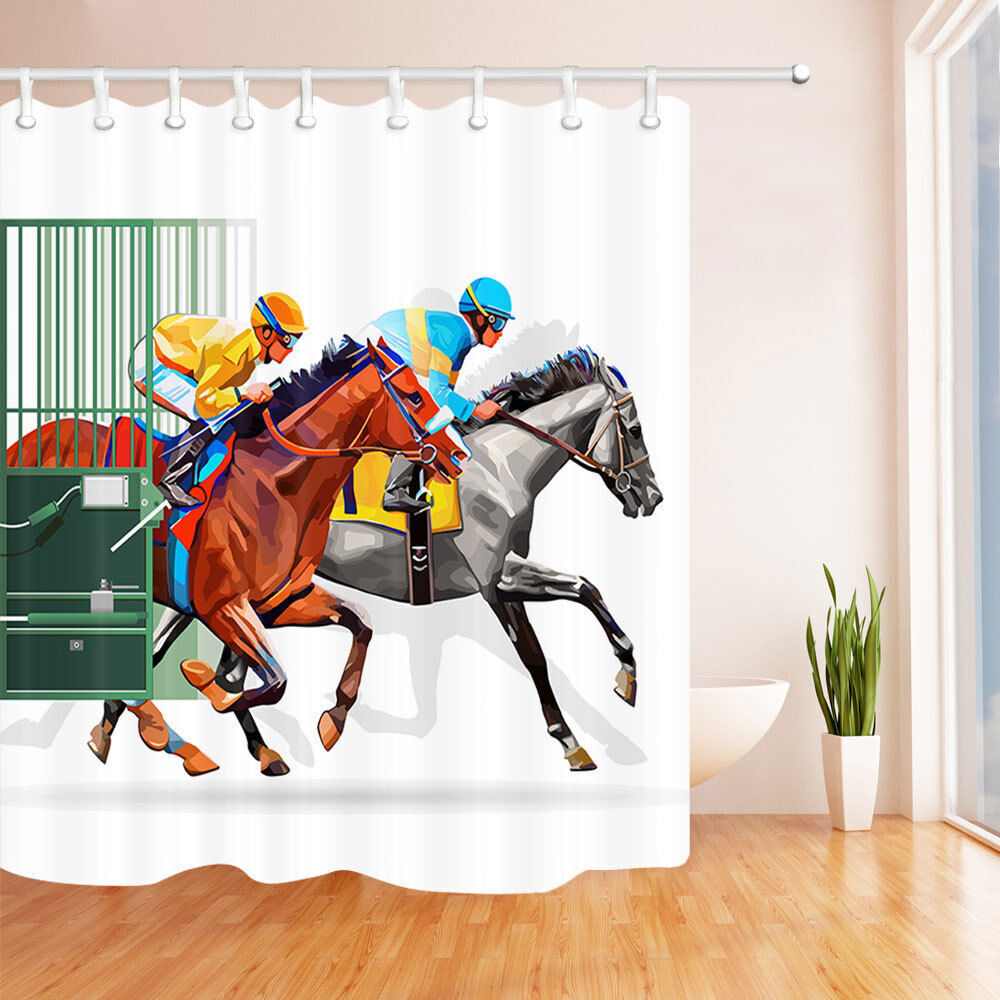 Equestrian Shower Curtain with Racing Horses and Iron Gate for a Classic and Elegant Bathroom
