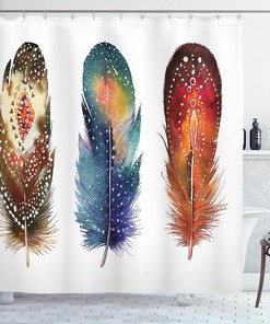 Esoteric Design Print Shower Curtain - Feathers Ornament Ceremonial Inspired, Cloth Fabric Bathroom Decors