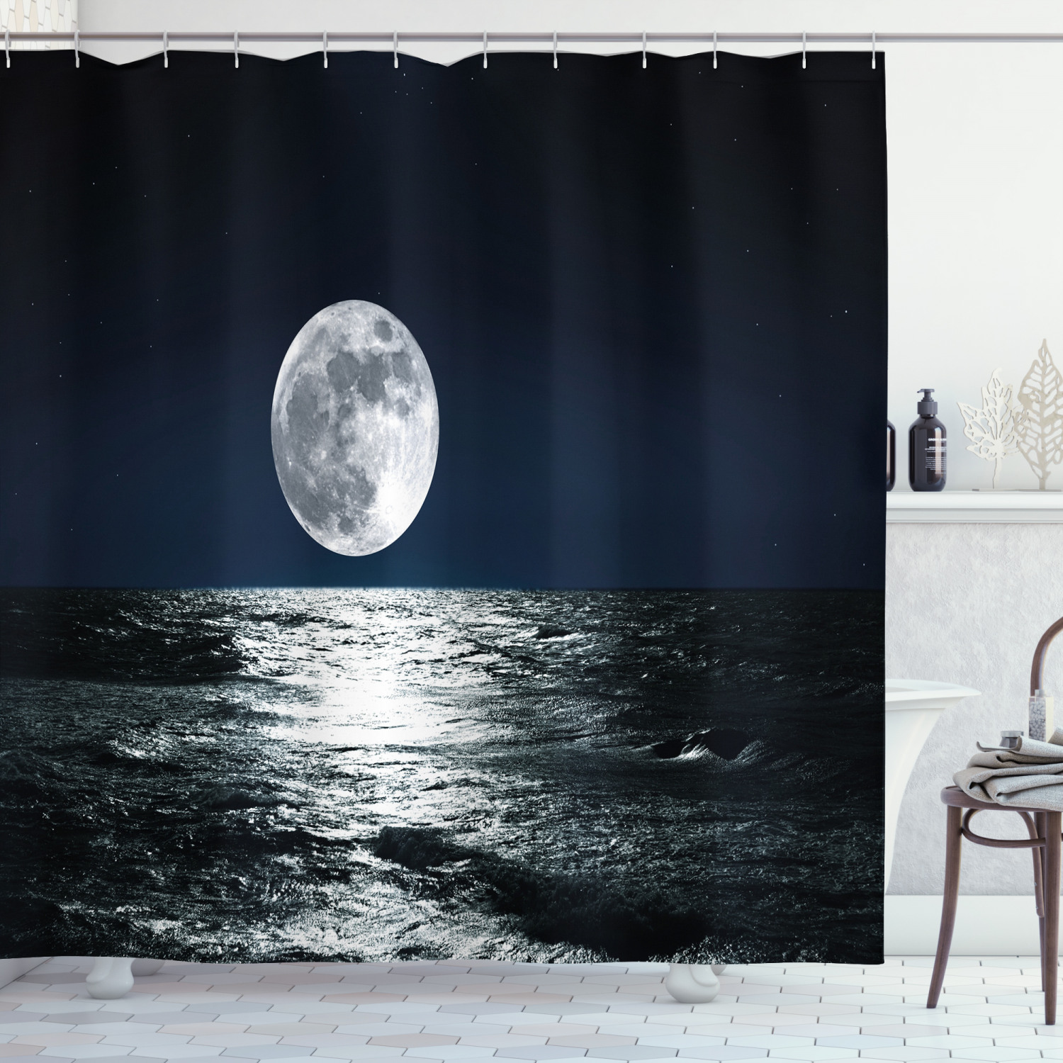Ethereal Theme Drawing Moon Shower Curtain for Artistic Bathroom Decor
