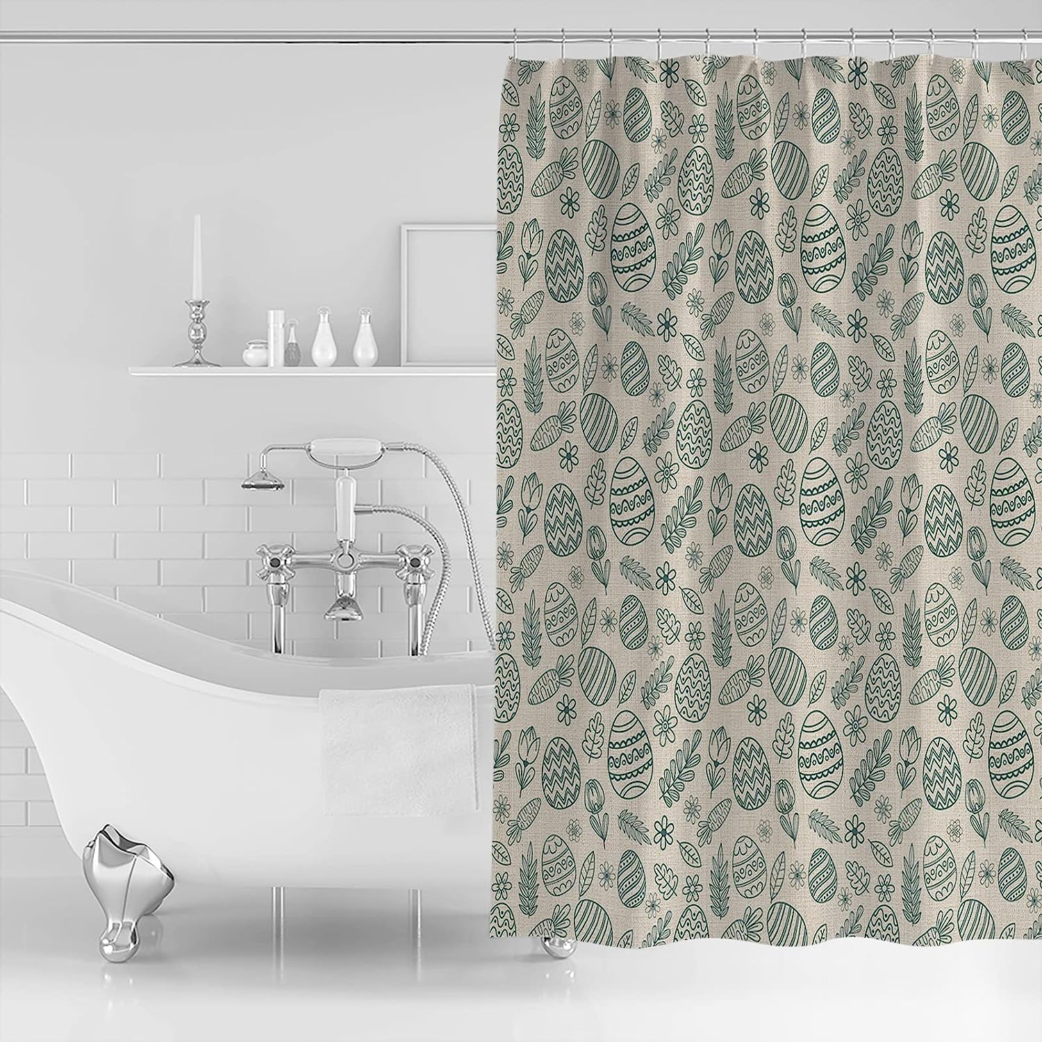 Ethnic Boho Easter Shower Curtain - LB Stall Bunny Eggs Floral Rustic Burlap Bathtub Curtainses