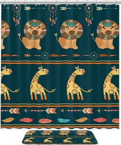 Ethnic Lion and Giraffe Shower Curtain for Unique Bathroom Decor