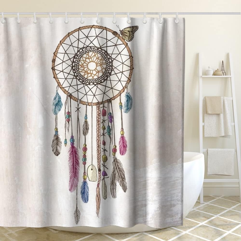 Ethnic Tribal Dreamcatcher and Feather Art Printed Shower Curtain for Inspirational Bathroom Decor