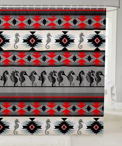 Ethnic Tribe Arrow Aztec Shower Curtain with Seahorse Print for Coastal Bathroom Decor