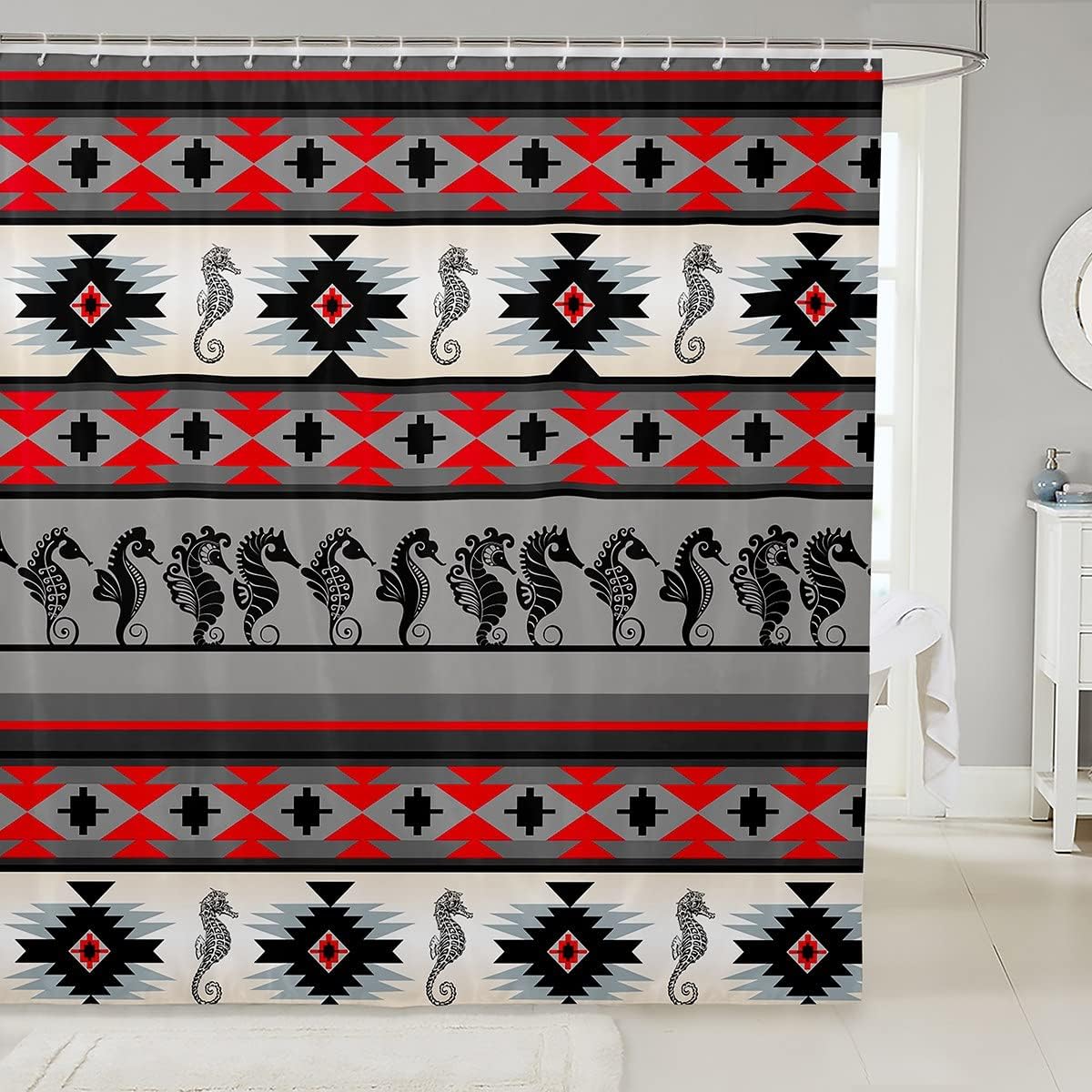 Ethnic Tribe Arrow Aztec Shower Curtain with Seahorse Print for Coastal Bathroom Decor