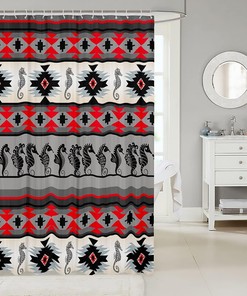 Ethnic Tribe Arrow Aztec Shower Curtain with Seahorse Print for Coastal Bathroom Decor