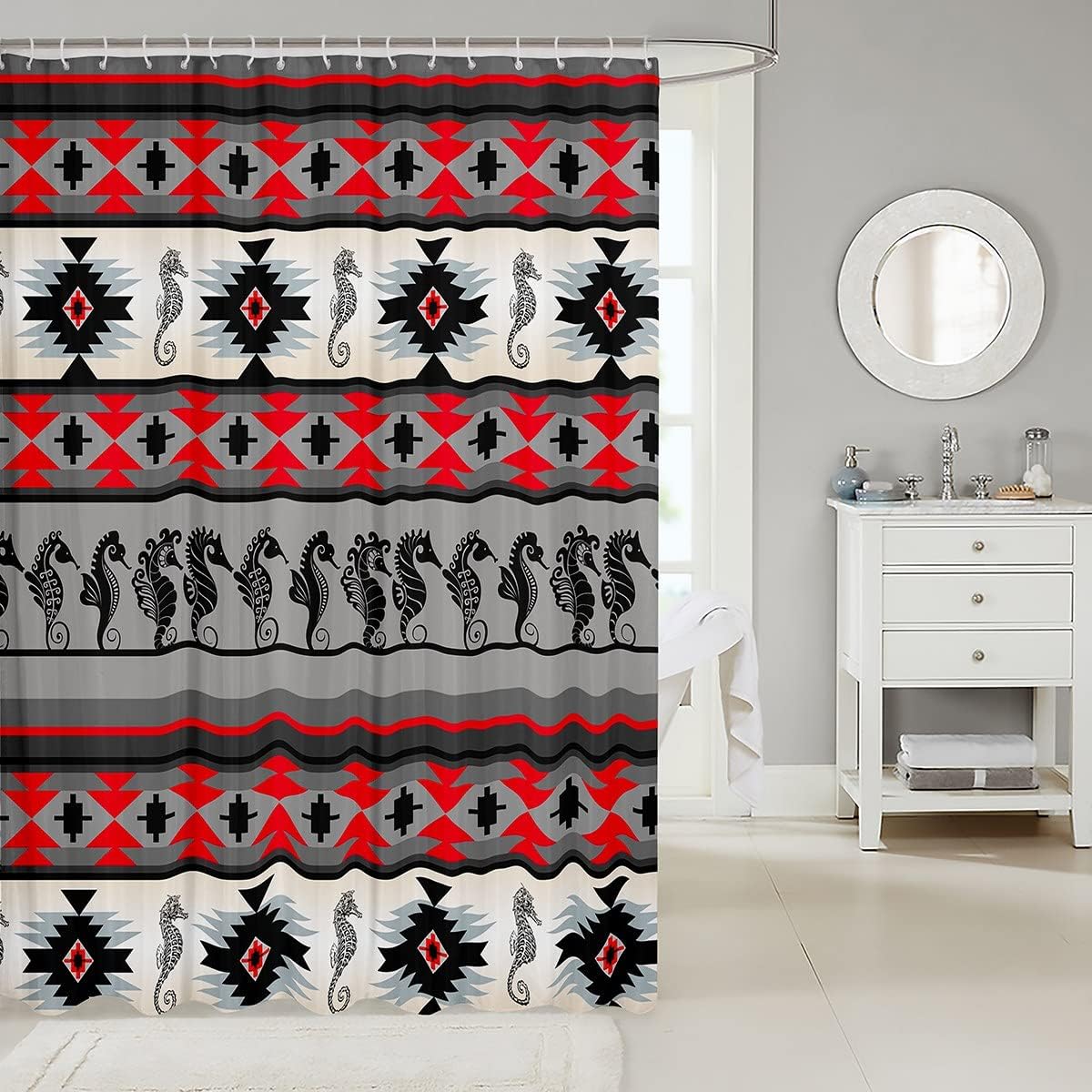 Ethnic Tribe Arrow Aztec Shower Curtain with Seahorse Print for Coastal Bathroom Decor