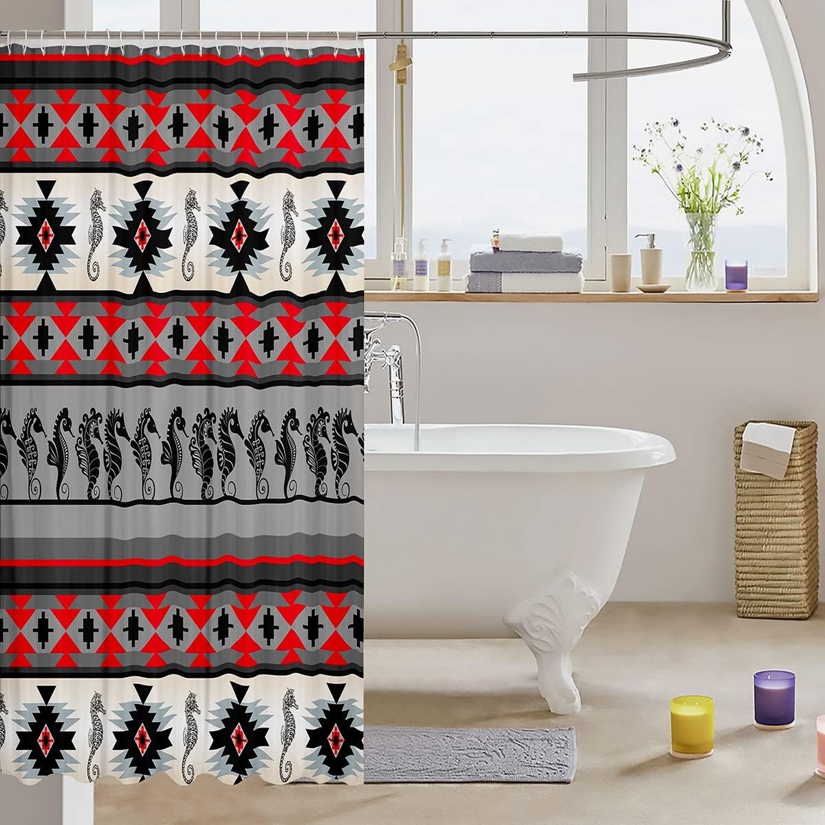 Ethnic Tribe Arrow Aztec Shower Curtain with Seahorse Print for Coastal Bathroom Decor
