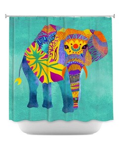 Ethnic Whimsical Elephant Aqua Shower Curtain For Home Decoration - Multicolor Elephant Design