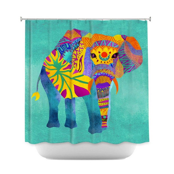 Ethnic Whimsical Elephant Aqua Shower Curtain For Home Decoration - Multicolor Elephant Design