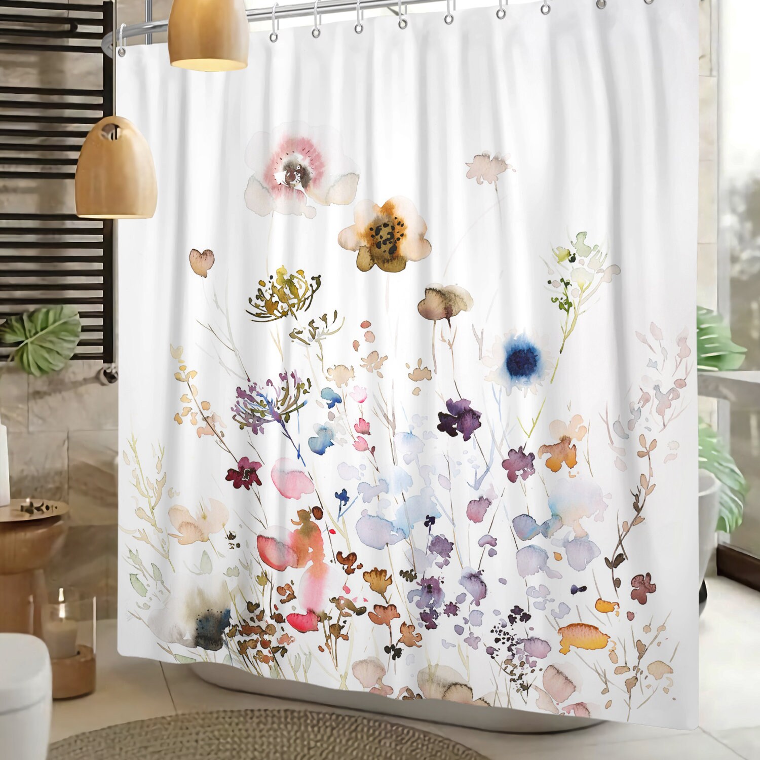 Eucalyptus Floral Shower Curtain - Waterproof Fabric Curtain For Bathroom Bathtub Decoration