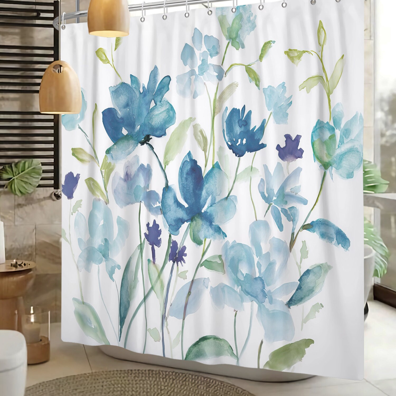 Eucalyptus Floral Shower Curtain - Waterproof Fabric Curtain For Bathroom Bathtub Decoration