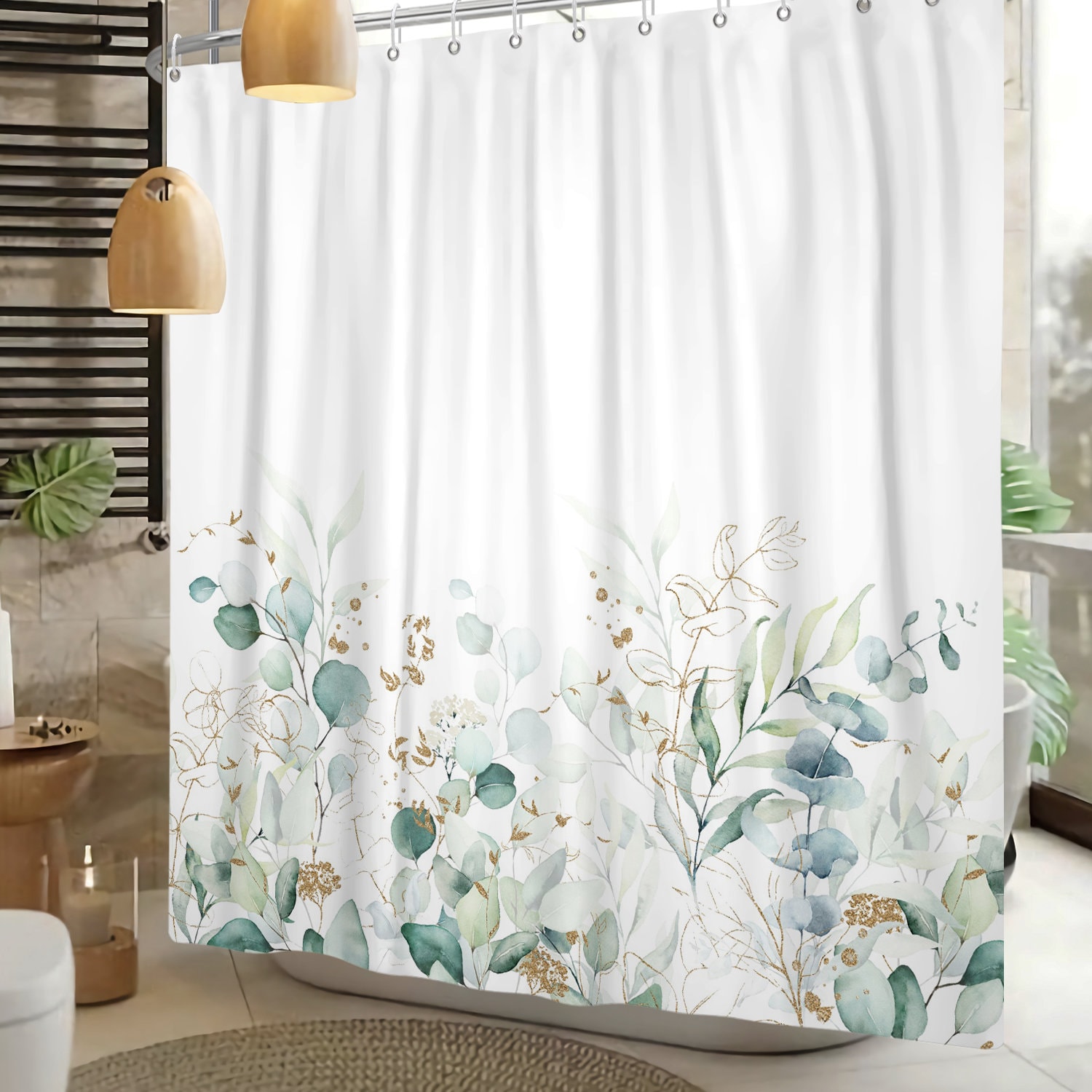 Eucalyptus Floral Shower Curtain - Waterproof Fabric Curtain For Bathroom Bathtub Decoration