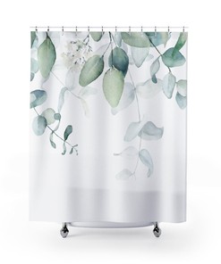 Eucalyptus Flower Shower Curtain, Mint Green Botanical Bathroom Decor With Watercolor Print