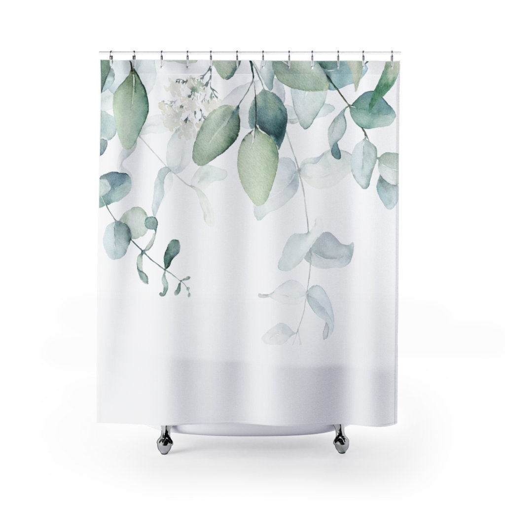 Eucalyptus Flower Shower Curtain, Mint Green Botanical Bathroom Decor With Watercolor Print