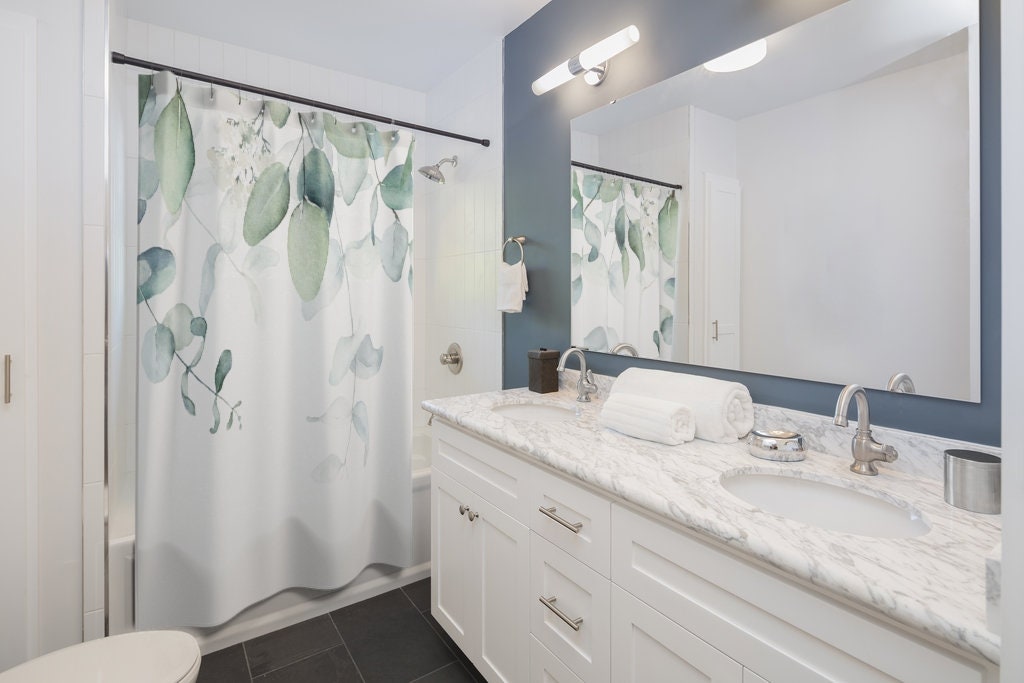 Eucalyptus Flower Shower Curtain, Mint Green Botanical Bathroom Decor With Watercolor Print - Image 2